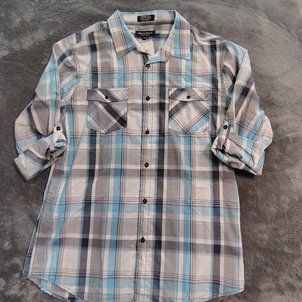 EIGHTY EIGHT Platinum Men's Blue Gray Plaid Button Front Shirt Size XL